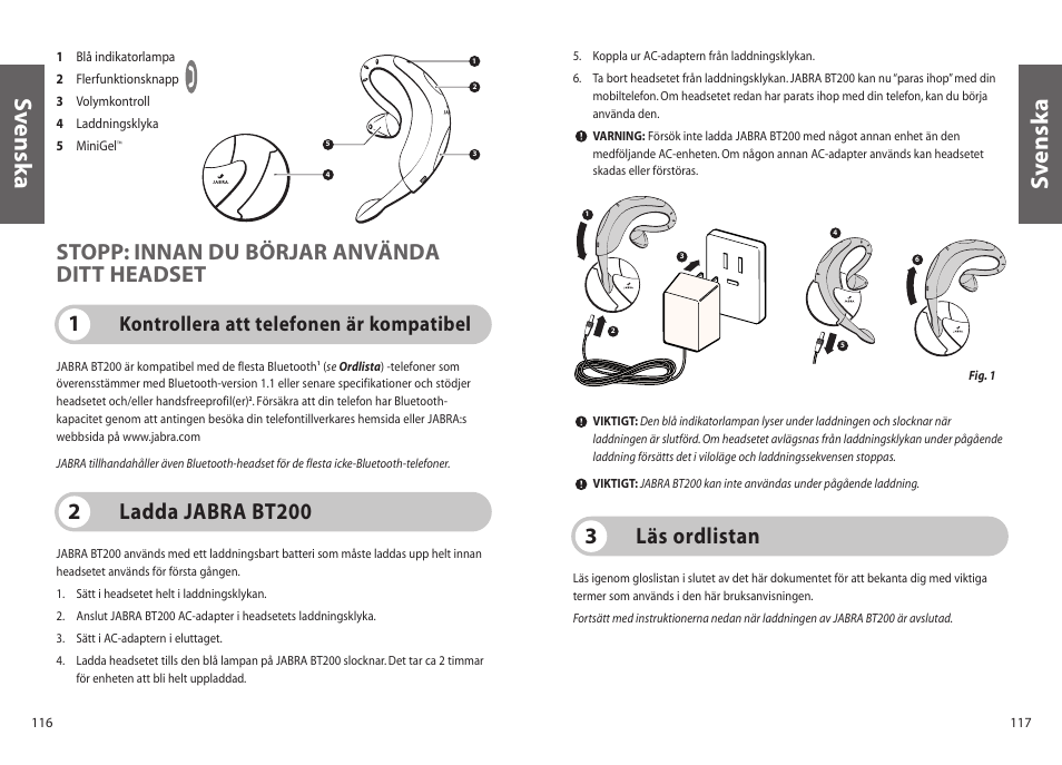 Sv enska s v enska, Läs ordlistan 3, Stopp: innan du börjar använda ditt headset | Ladda jabra bt200 2, Kontrollera att telefonen är kompatibel | Jabra BT200 User Manual | Page 59 / 87