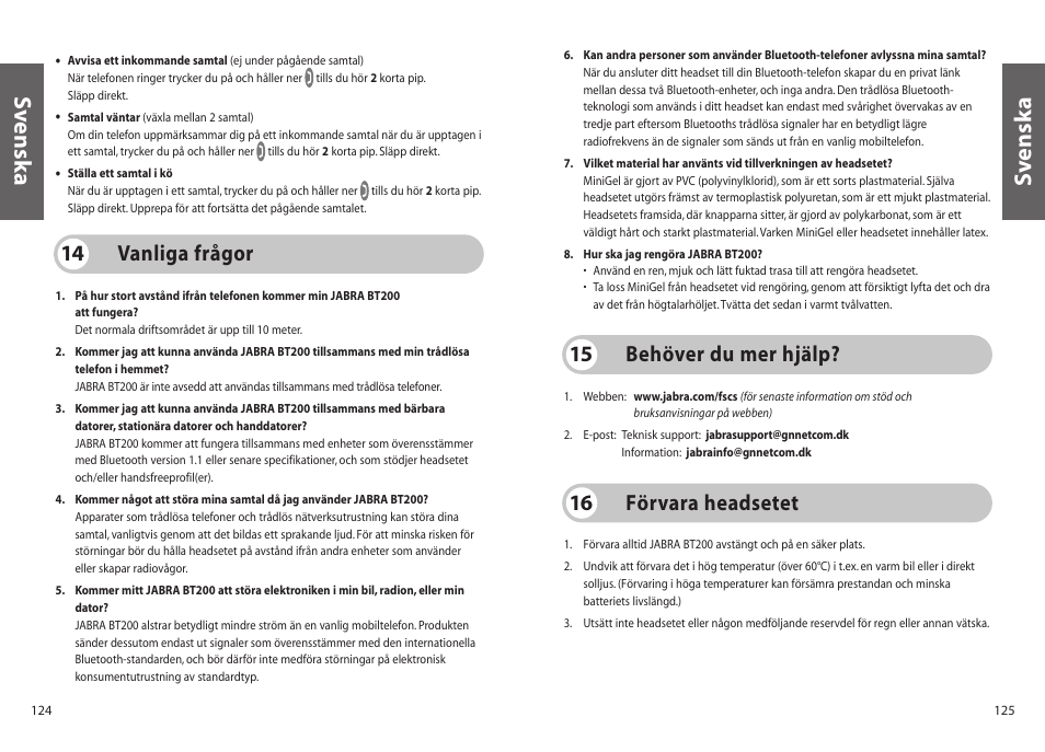 Sv enska s v enska, Vanliga frågor 14, Behöver du mer hjälp? 15 | Förvara headsetet 16 | Jabra BT200 User Manual | Page 63 / 87