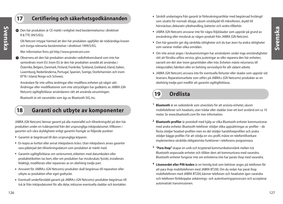 Sv enska s v enska, Garanti och utbyte av komponenter 18, Ordlista 19 | Jabra BT200 User Manual | Page 64 / 87