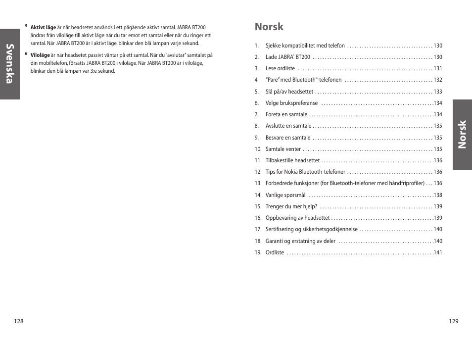 Norsk, Sv enska norsk | Jabra BT200 User Manual | Page 65 / 87