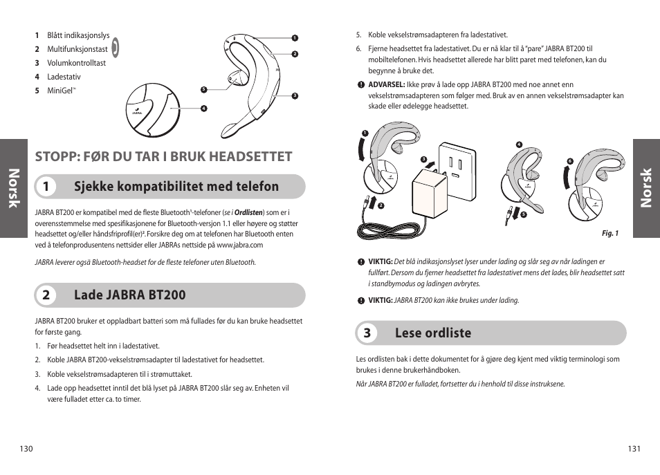 Norsk, Lese ordliste 3, Lade jabra bt200 2 | Jabra BT200 User Manual | Page 66 / 87