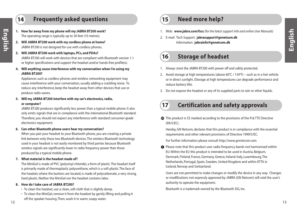 English, Frequently asked questions 14, Need more help? 15 | Storage of headset 16, Certification and safety approvals 17 | Jabra BT200 User Manual | Page 7 / 87