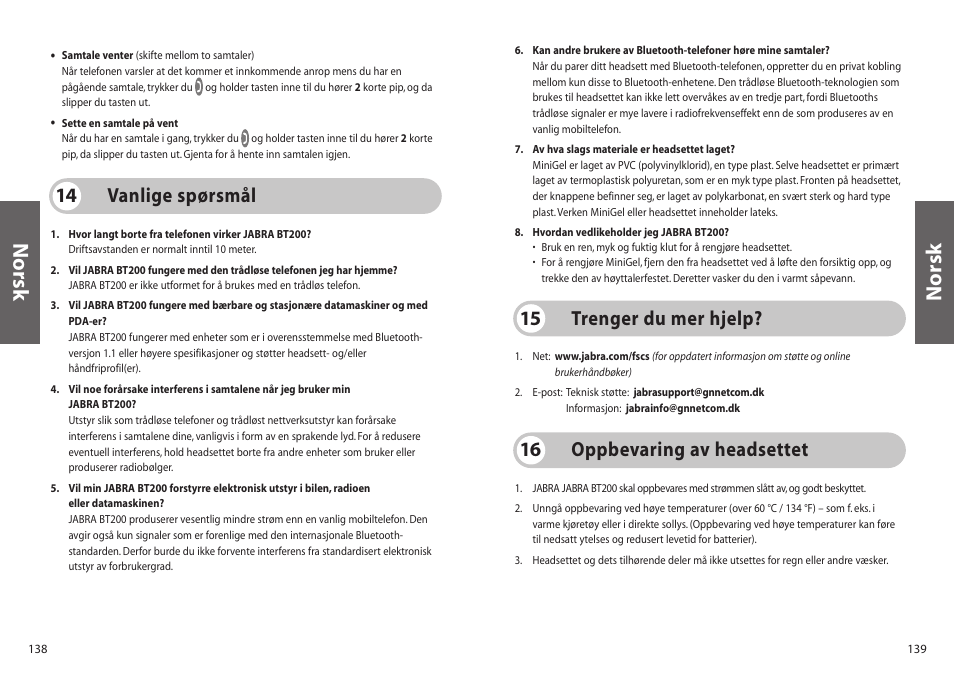 Norsk, Vanlige spørsmål 14, Trenger du mer hjelp? 15 | Oppbevaring av headsettet 16 | Jabra BT200 User Manual | Page 70 / 87