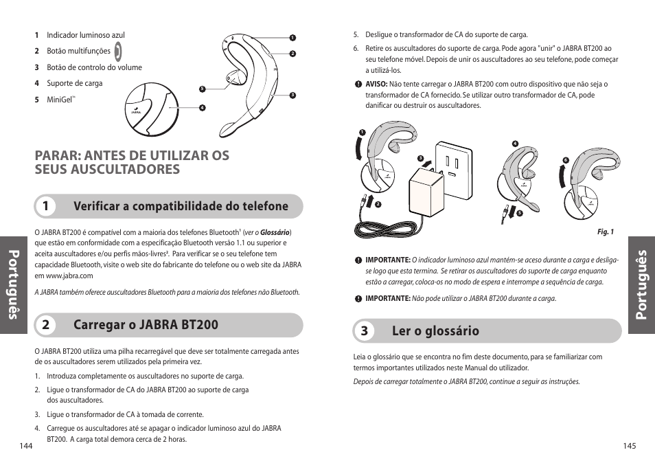 Po rtuguês p o rtuguês, Ler o glossário 3, 1parar: antes de utilizar os seus auscultadores | Carregar o jabra bt200 2, Verificar a compatibilidade do telefone | Jabra BT200 User Manual | Page 73 / 87