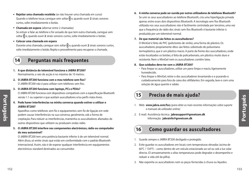 Po rtuguês p o rtuguês, Perguntas mais frequentes 14, Precisa de mais ajuda? 15 | Como guardar os auscultadores 16 | Jabra BT200 User Manual | Page 77 / 87