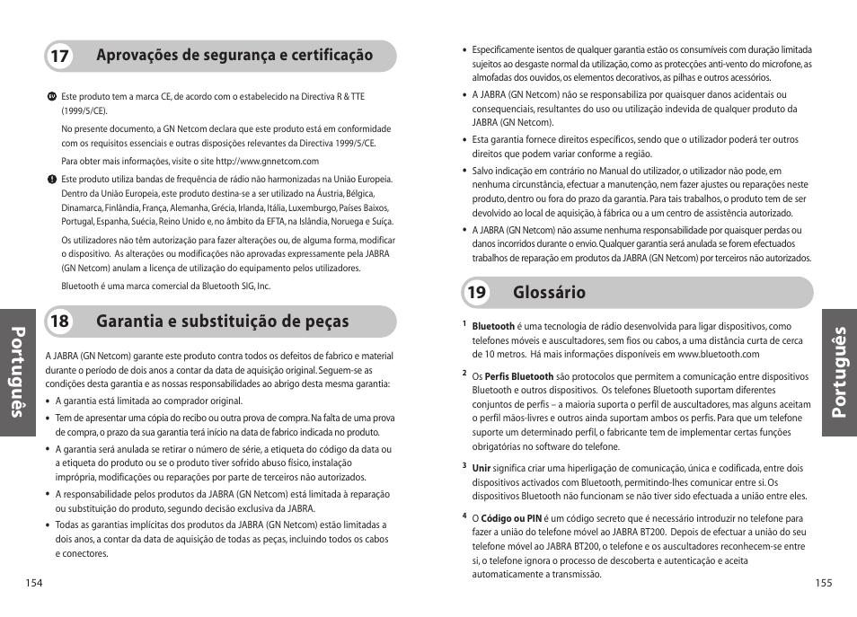 Po rtuguês p o rtuguês, Garantia e substituição de peças 18, Glossário 19 | Aprovações de segurança e certificação | Jabra BT200 User Manual | Page 78 / 87