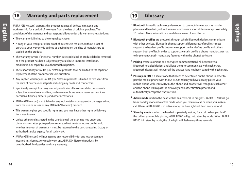 English, Warranty and parts replacement, Glossary 19 | Jabra BT200 User Manual | Page 8 / 87