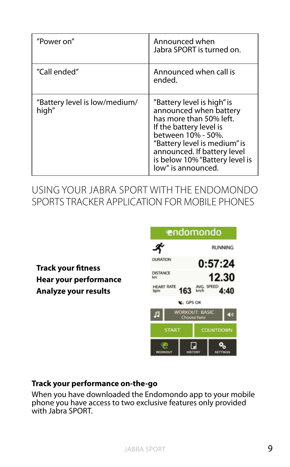 Using your jabra sport with the endomondo, Sports tracker application for mobile phones | Jabra BTE4 User Manual | Page 10 / 15