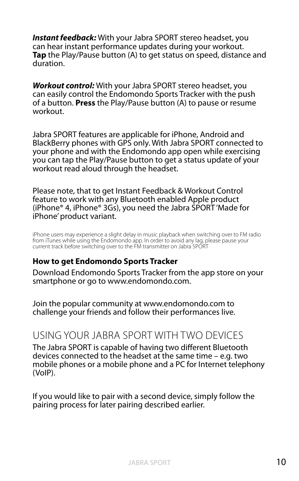 Using your jabra sport with two devices | Jabra BTE4 User Manual | Page 11 / 15