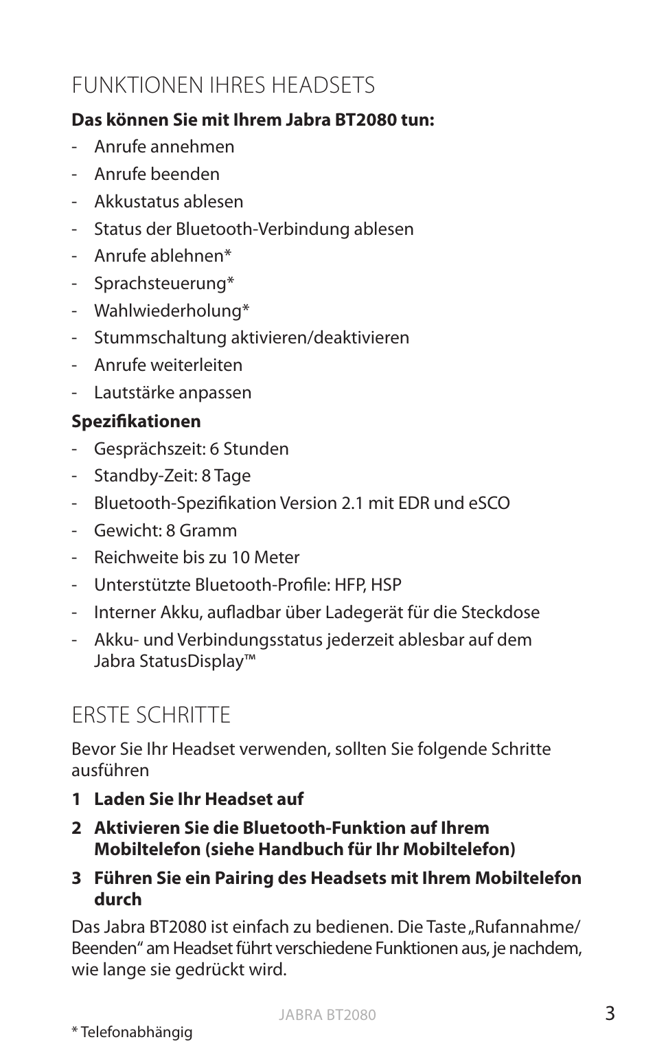 Funktionen ihres headsets, Erste schritte, Englisch | Jabra BT2080 User Manual | Page 104 / 495