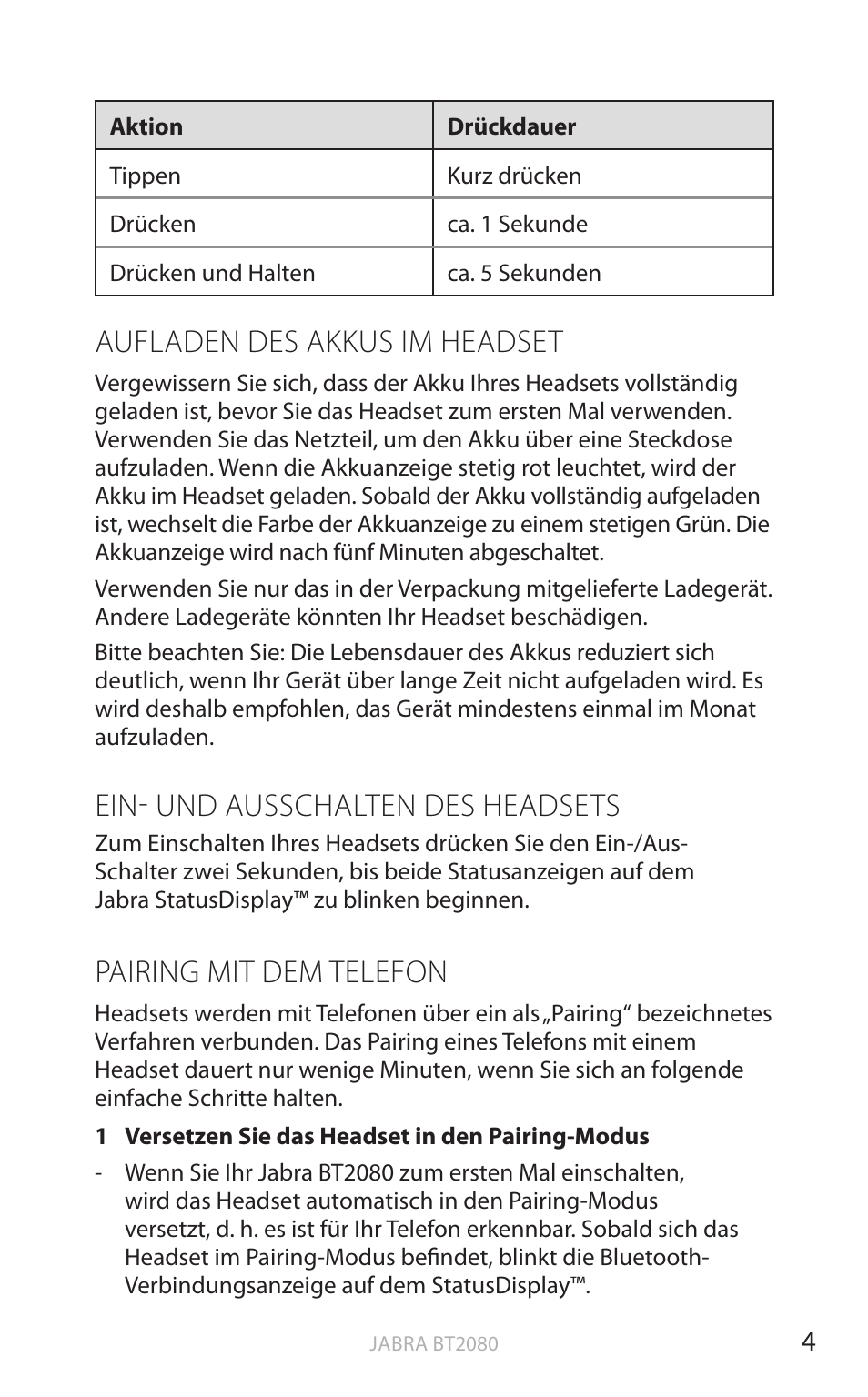 Aufladen des akkus im headset, Ein- und ausschalten des headsets, Pairing mit dem telefon | Englisch | Jabra BT2080 User Manual | Page 105 / 495