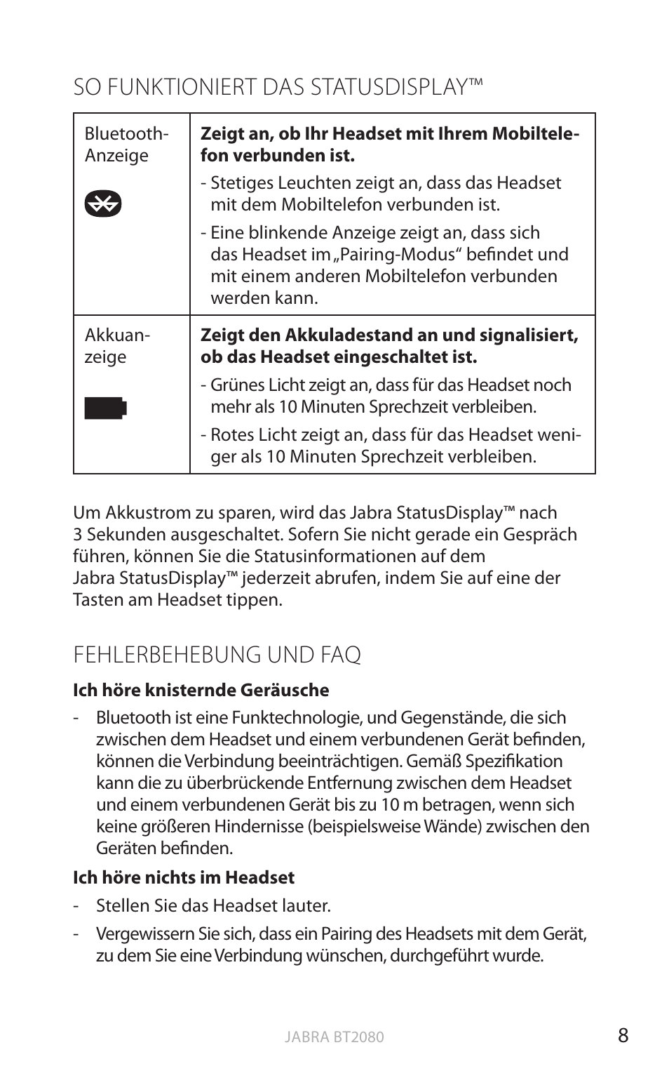 So funktioniert das statusdisplay, Fehlerbehebung und faq, Englisch | Jabra BT2080 User Manual | Page 109 / 495