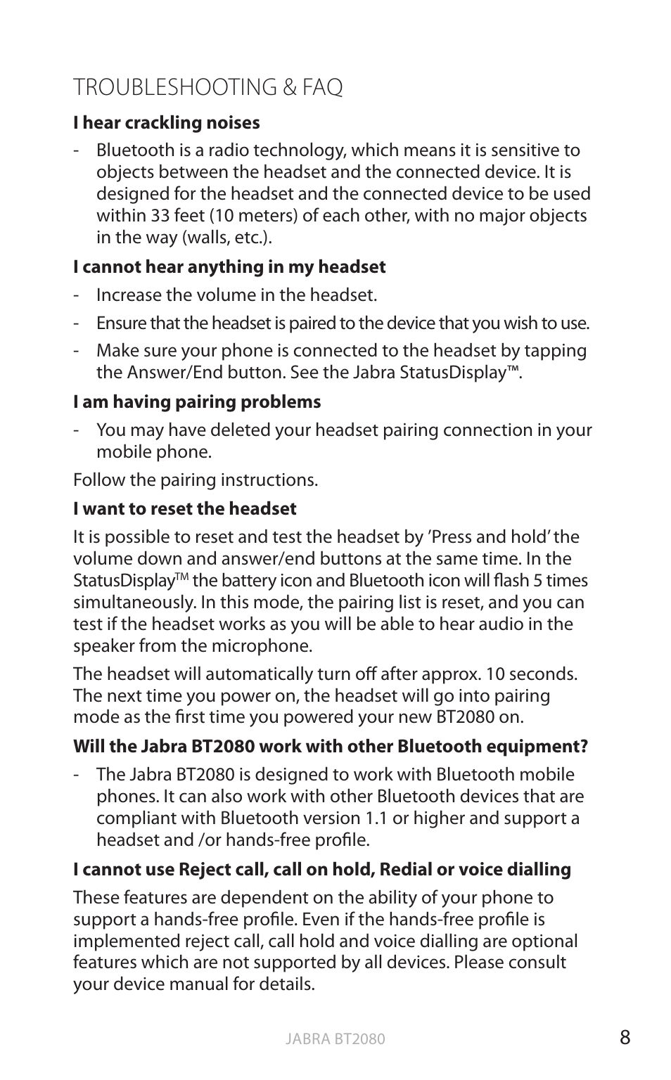 Troubleshooting & faq, English | Jabra BT2080 User Manual | Page 11 / 495
