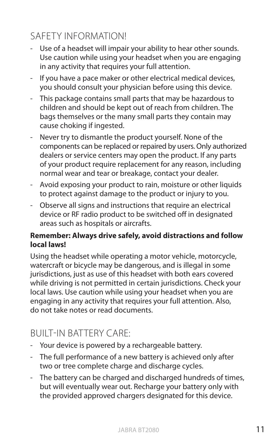 Safety information, Built-in battery care, English | Jabra BT2080 User Manual | Page 14 / 495