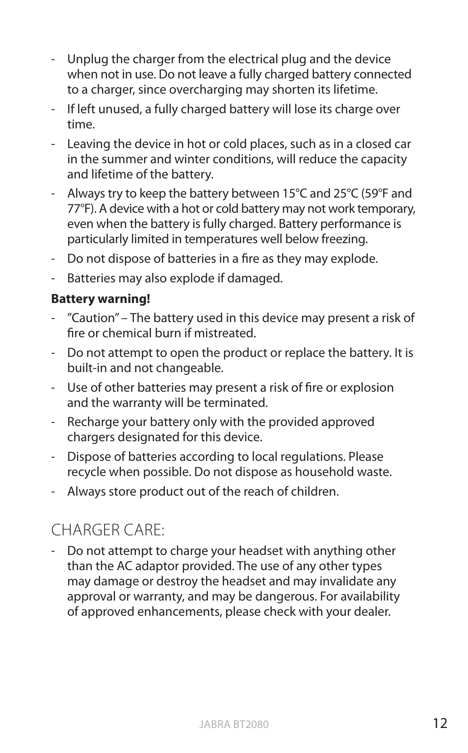 Charger care, English | Jabra BT2080 User Manual | Page 15 / 495