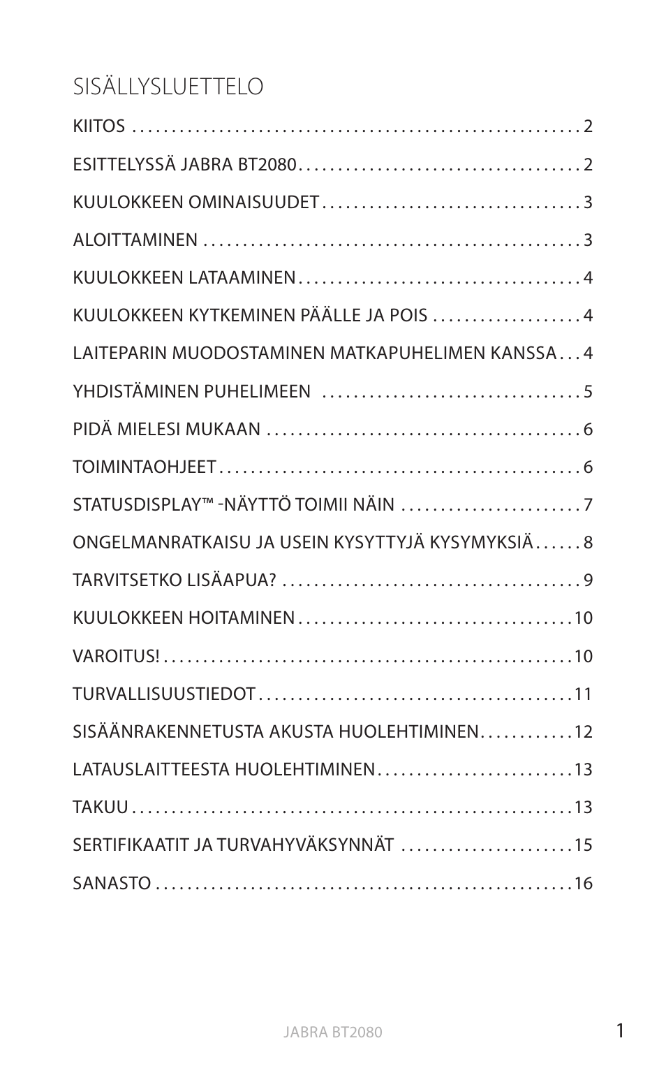 Suomi (avaa käyttöohje napsauttamalla tässä), Suomi, Sisällysluettelo | Jabra BT2080 User Manual | Page 173 / 495