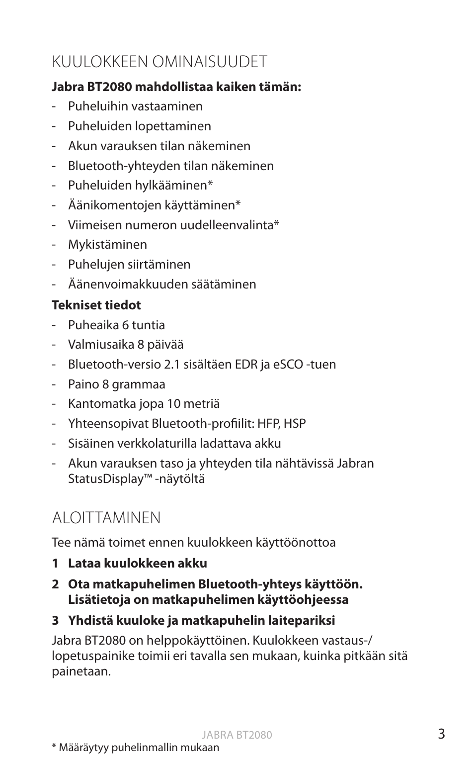 Kuulokkeen ominaisuudet, Aloittaminen, Suomi | Jabra BT2080 User Manual | Page 175 / 495