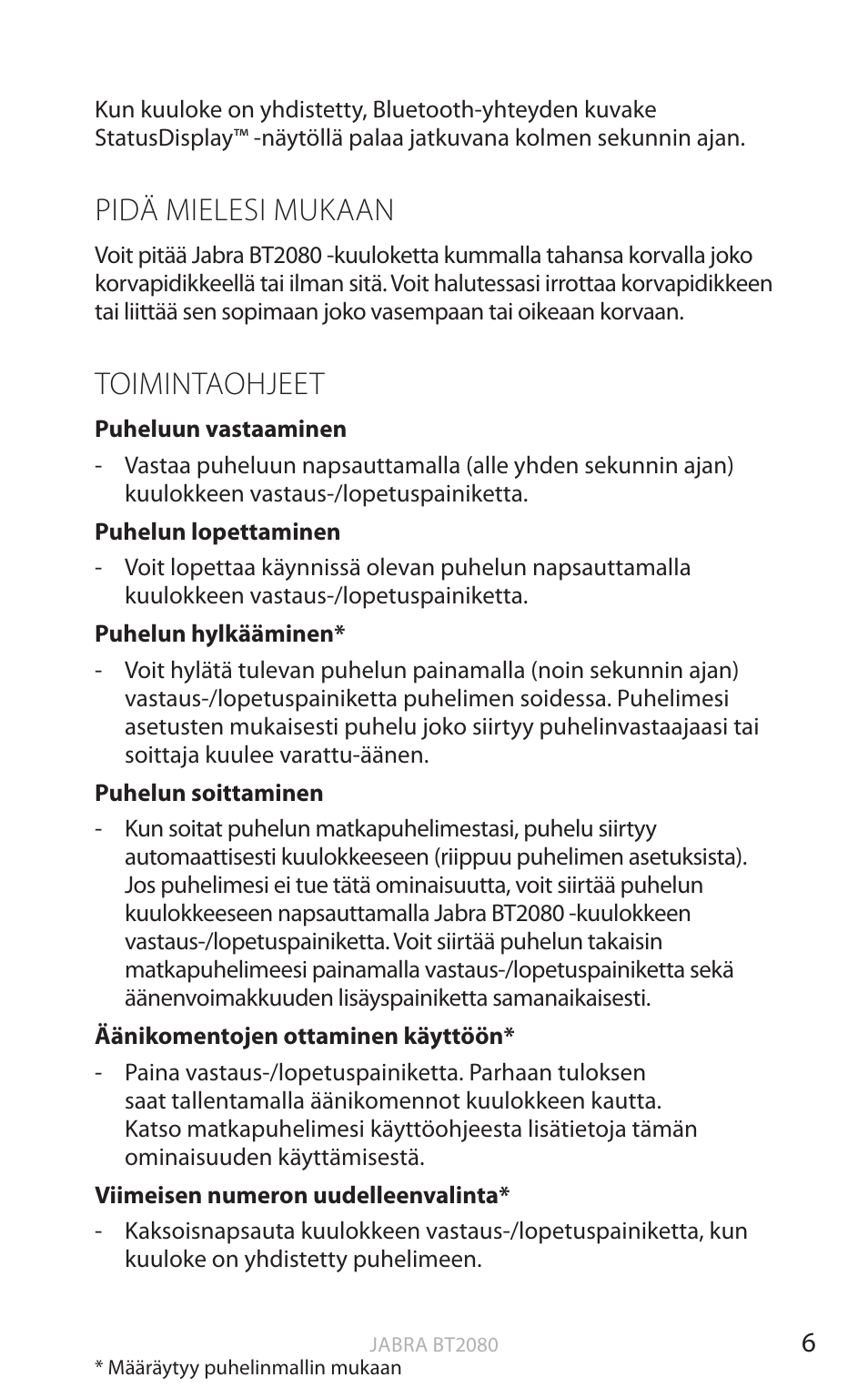 Pidä mielesi mukaan, Toimintaohjeet, Suomi | Jabra BT2080 User Manual | Page 178 / 495