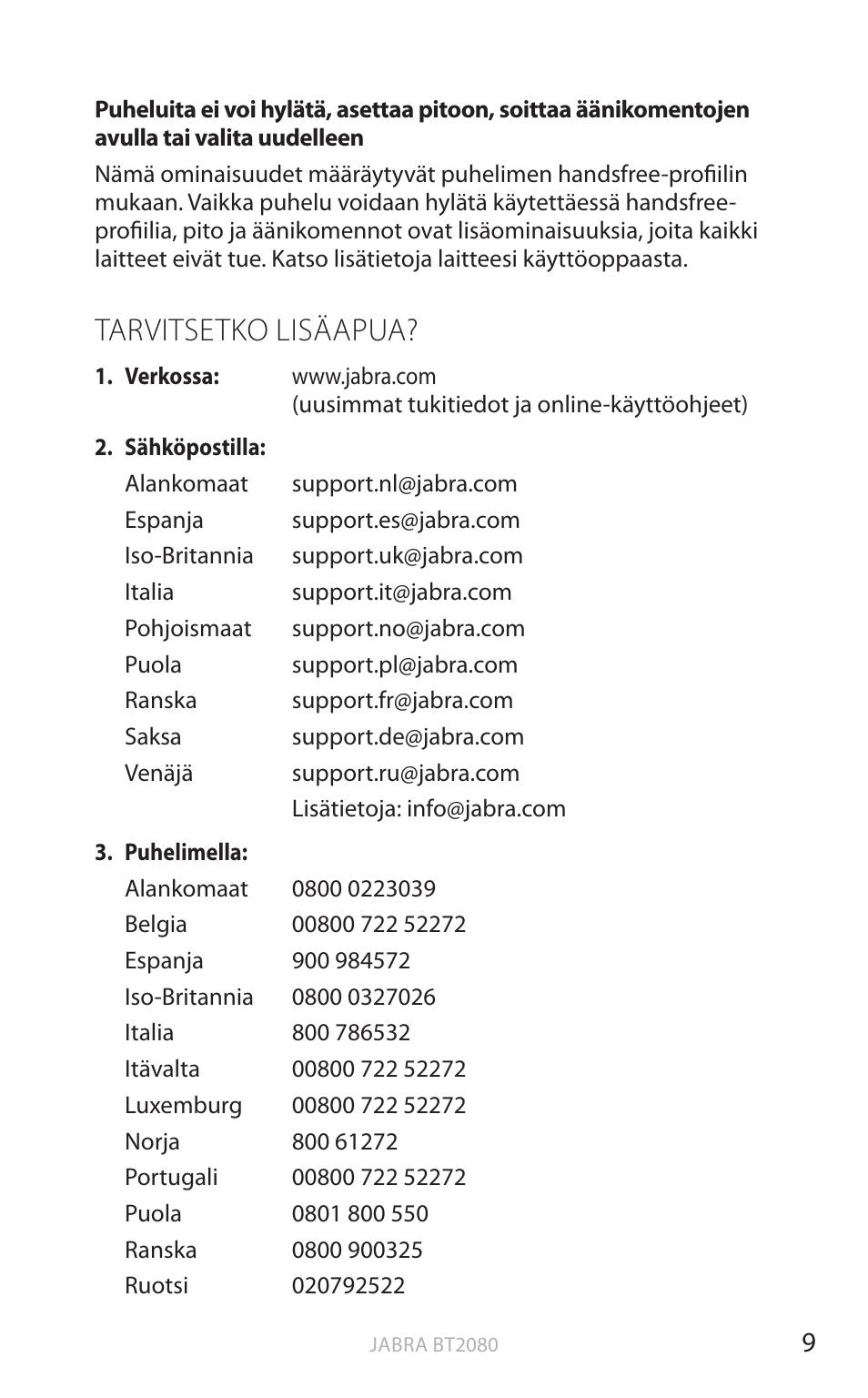 Tarvitsetko lisäapua, Suomi | Jabra BT2080 User Manual | Page 181 / 495