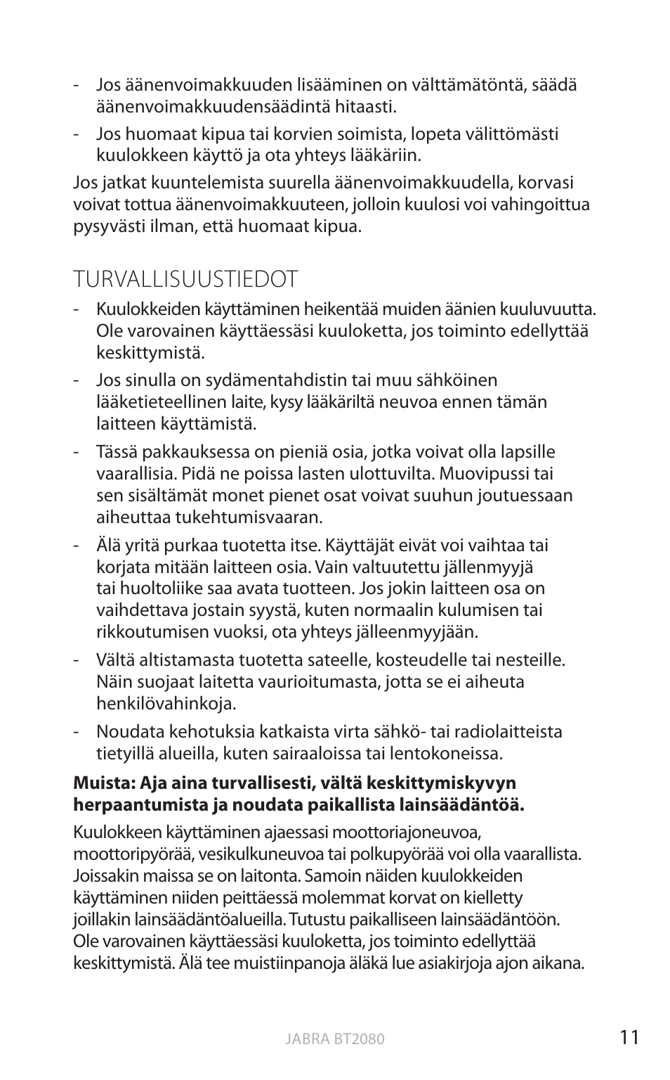 Turvallisuustiedot, Suomi | Jabra BT2080 User Manual | Page 183 / 495
