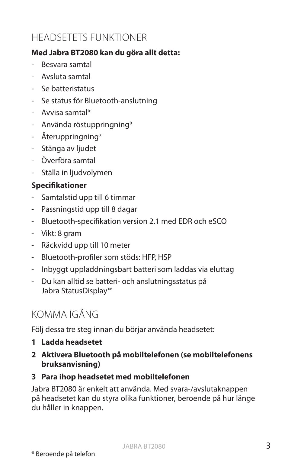 Headsetets funktioner, Komma igång, Eng elsk a | Jabra BT2080 User Manual | Page 191 / 495