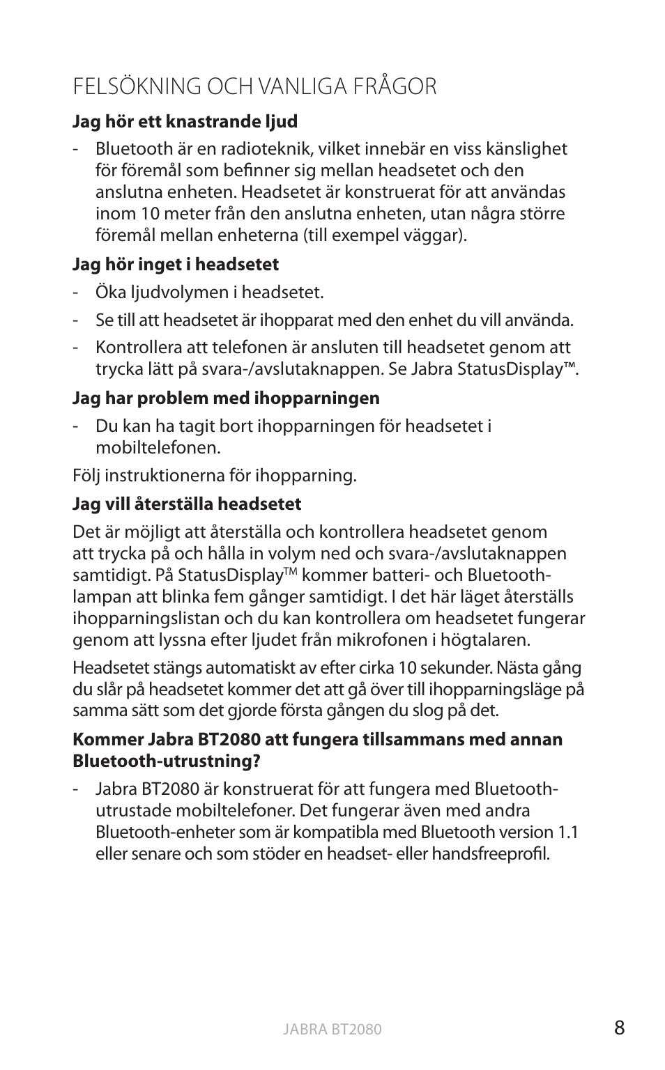 Felsökning och vanliga frågor, Eng elsk a | Jabra BT2080 User Manual | Page 196 / 495