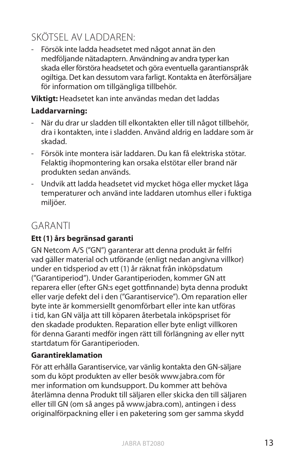 Skötsel av laddaren, Garanti, Eng elsk a | Jabra BT2080 User Manual | Page 201 / 495
