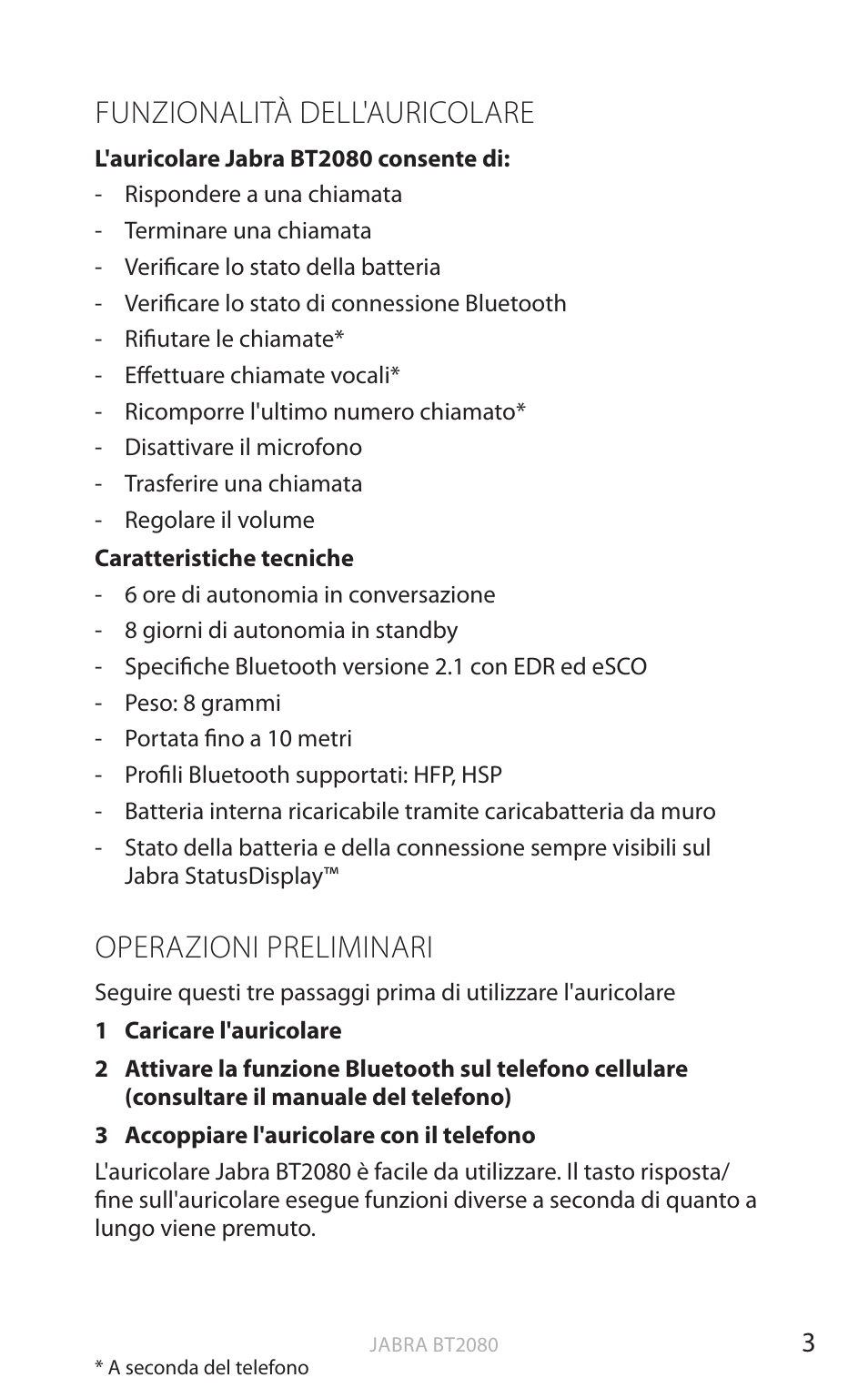 Funzionalità dell'auricolare, Operazioni preliminari, Inglese | Jabra BT2080 User Manual | Page 207 / 495