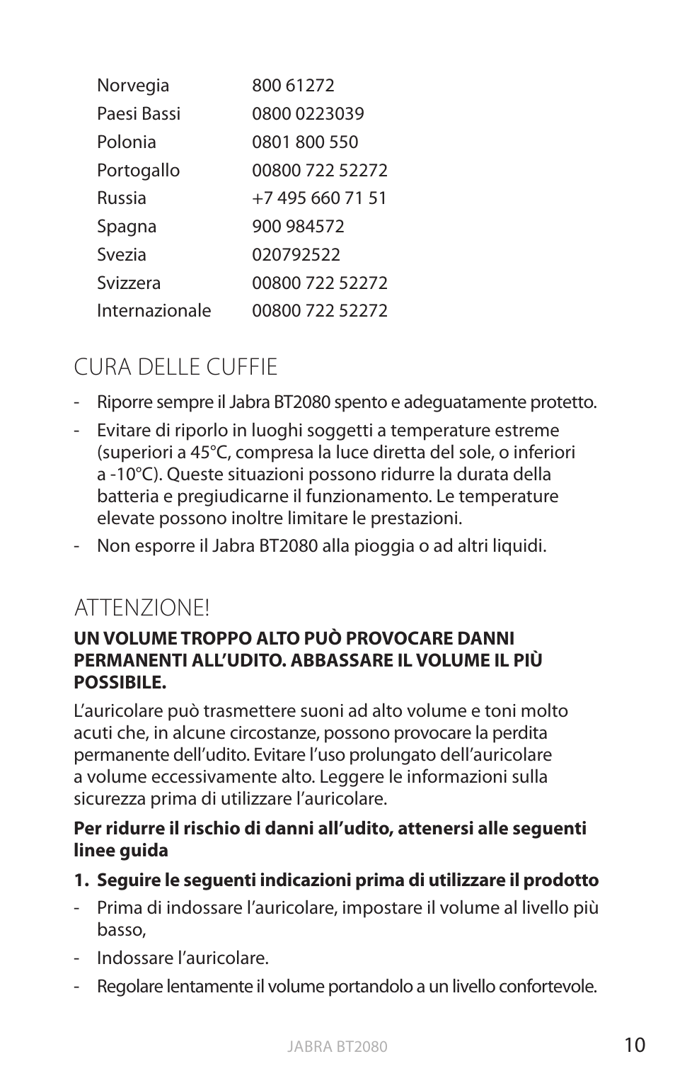 Cura delle cuffie, Attenzione, Inglese | Jabra BT2080 User Manual | Page 214 / 495