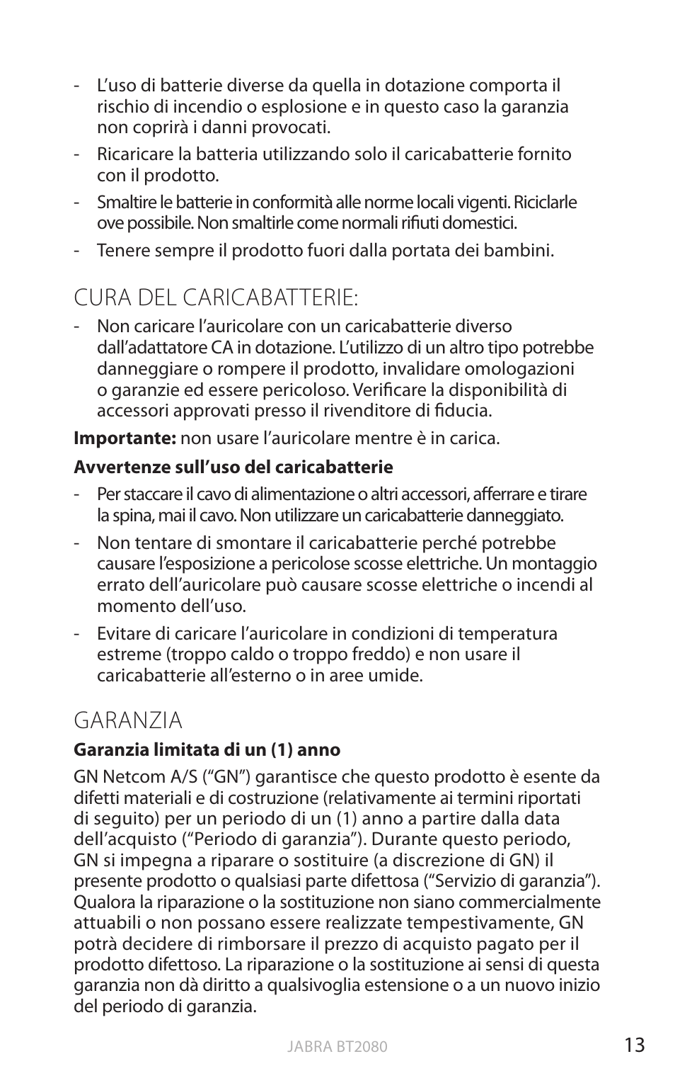 Cura del caricabatterie, Garanzia, Inglese | Jabra BT2080 User Manual | Page 217 / 495