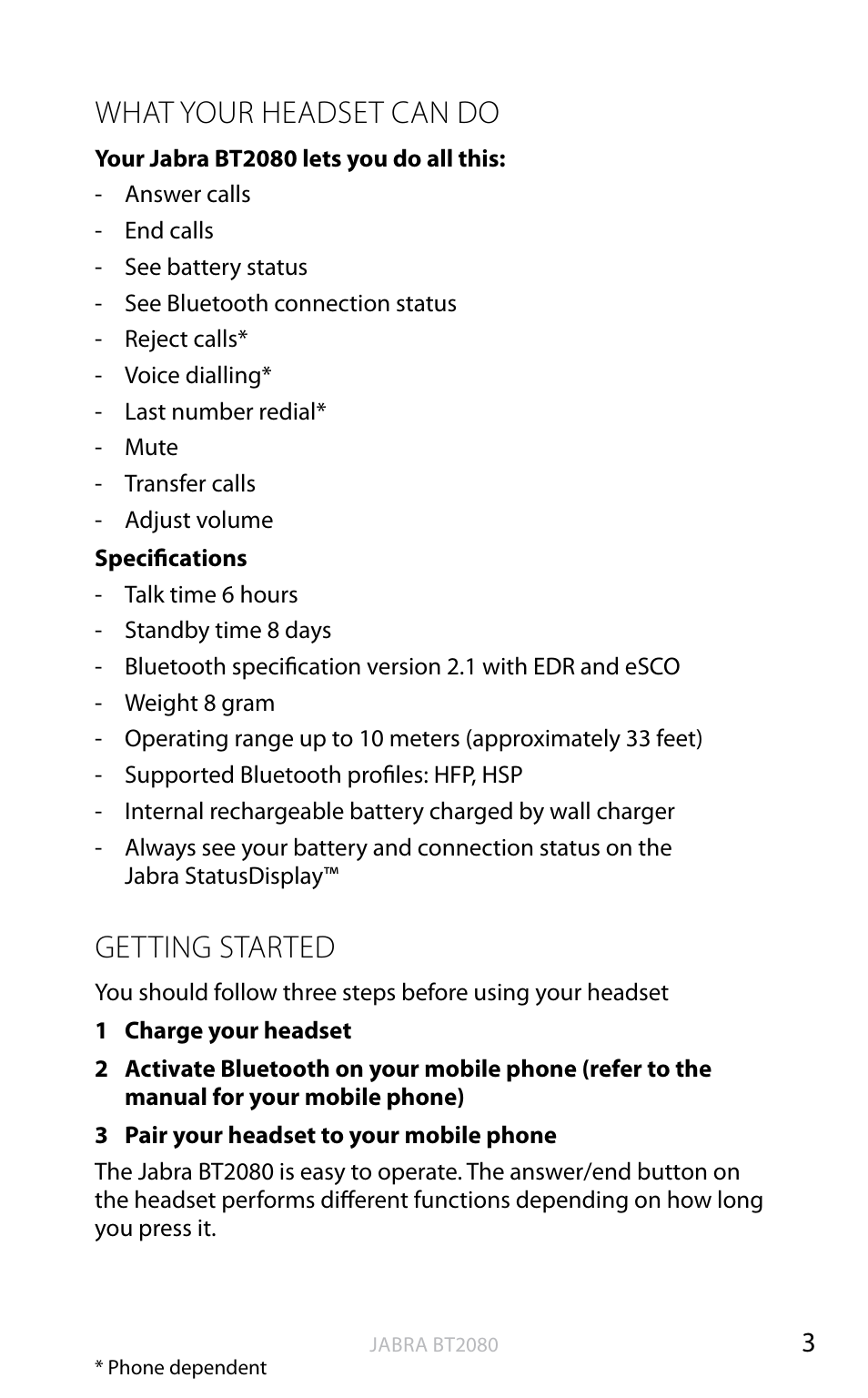 What your headset can do, Getting started, English | Jabra BT2080 User Manual | Page 22 / 495
