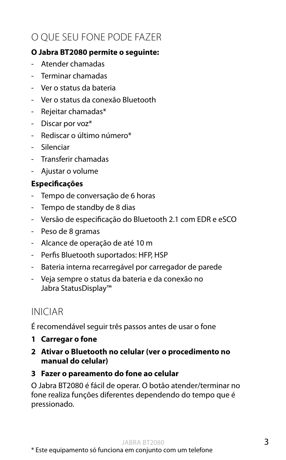 O que seu fone pode fazer, Iniciar, Inglês | Jabra BT2080 User Manual | Page 223 / 495