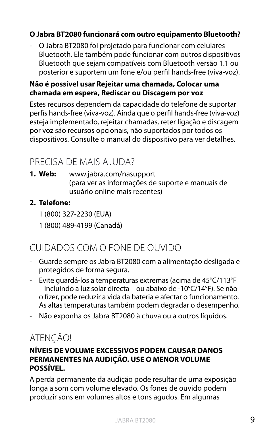Precisa de mais ajuda, Cuidados com o fone de ouvido, Atenção | Inglês | Jabra BT2080 User Manual | Page 229 / 495