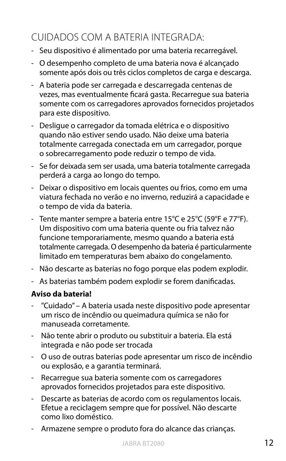 Cuidados com a bateria integrada, Inglês | Jabra BT2080 User Manual | Page 232 / 495