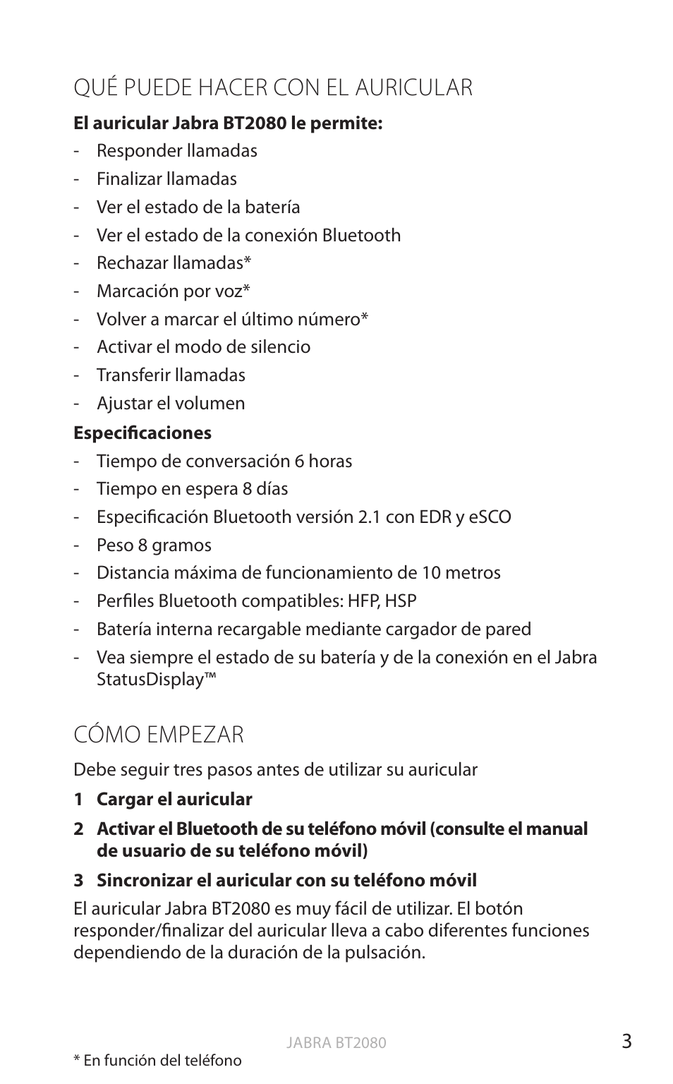 Qué puede hacer con el auricular, Cómo empezar, English | Jabra BT2080 User Manual | Page 240 / 495