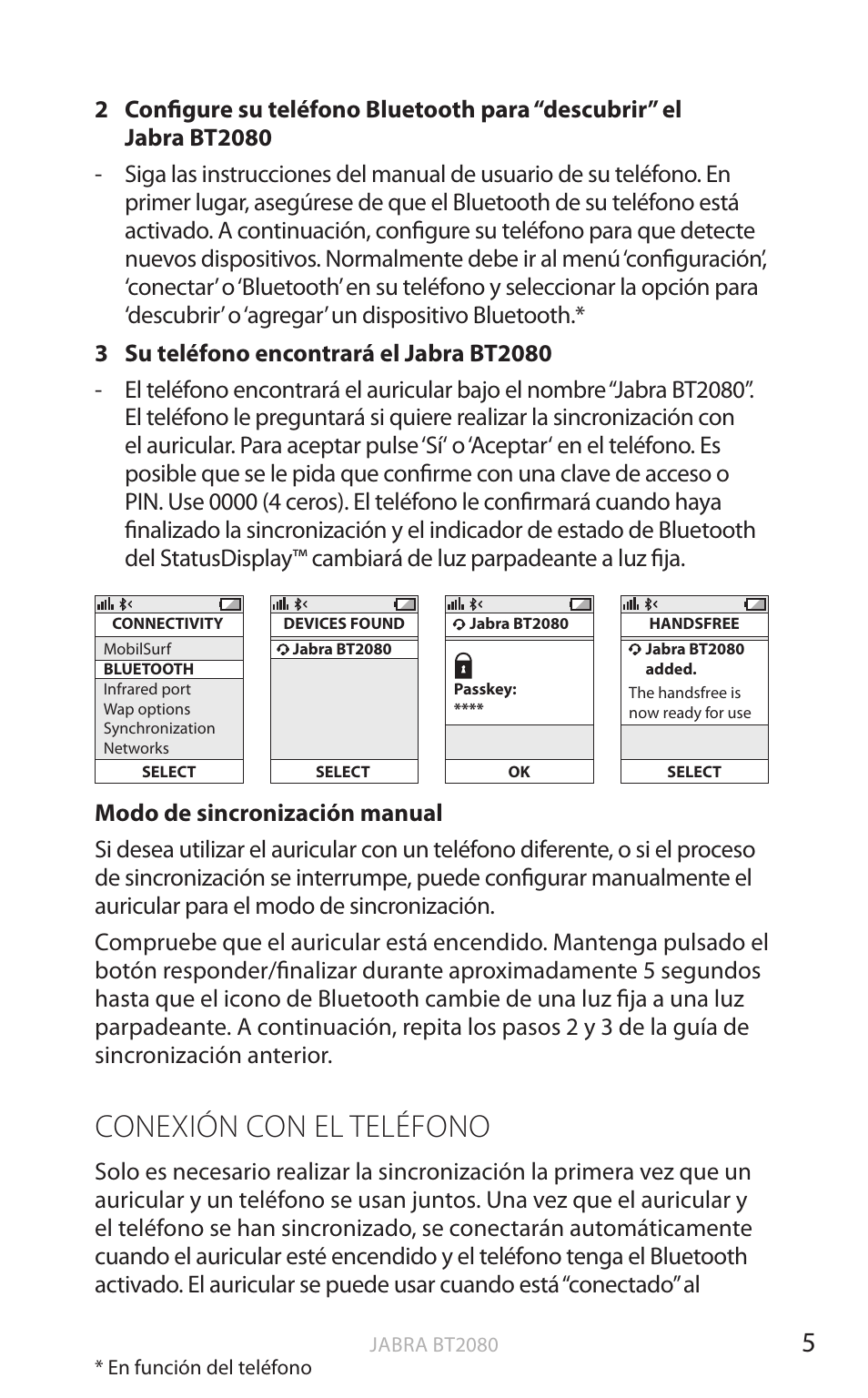 Conexión con el teléfono, English | Jabra BT2080 User Manual | Page 242 / 495