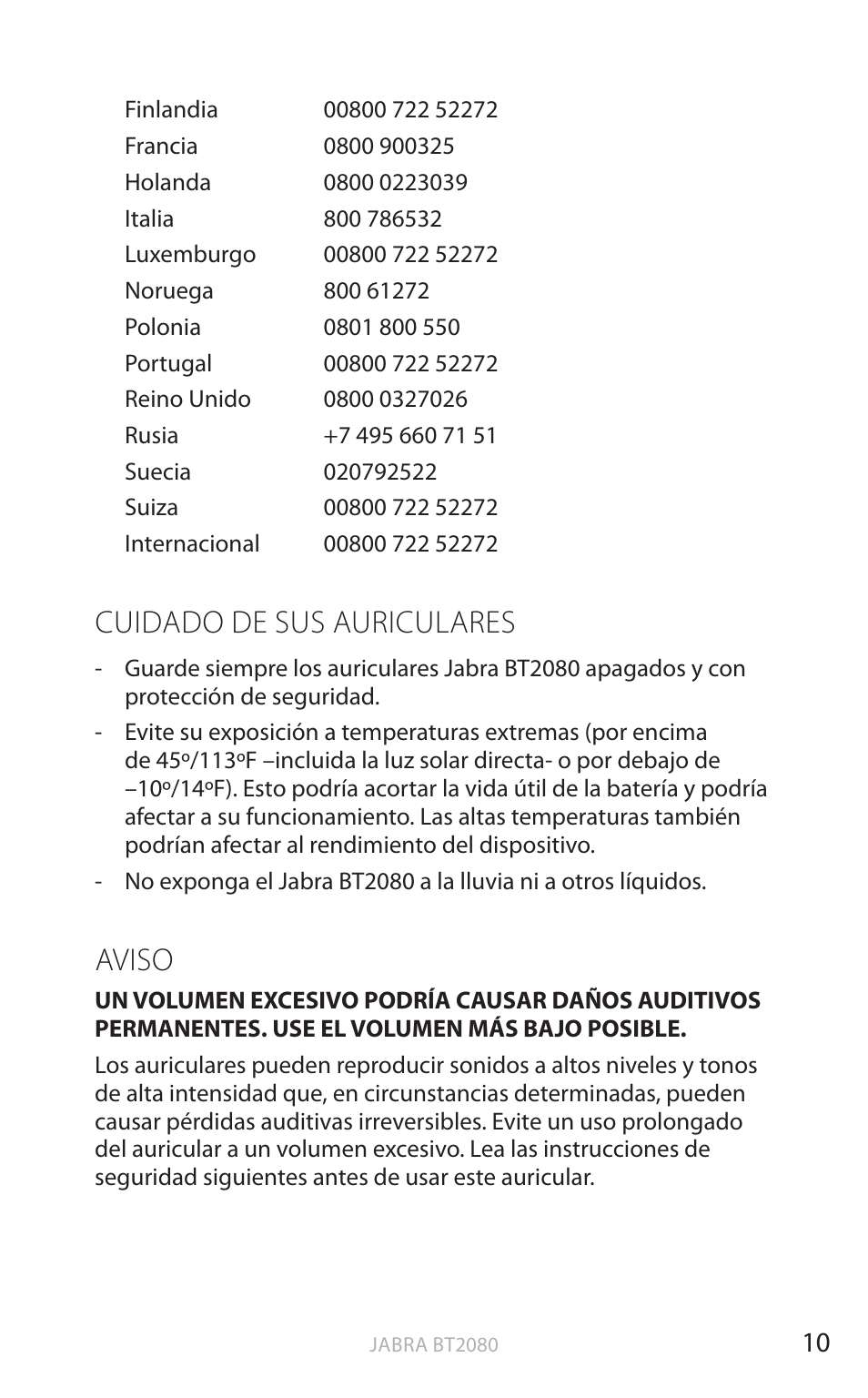 Cuidado de sus auriculares, Aviso, English | Jabra BT2080 User Manual | Page 247 / 495