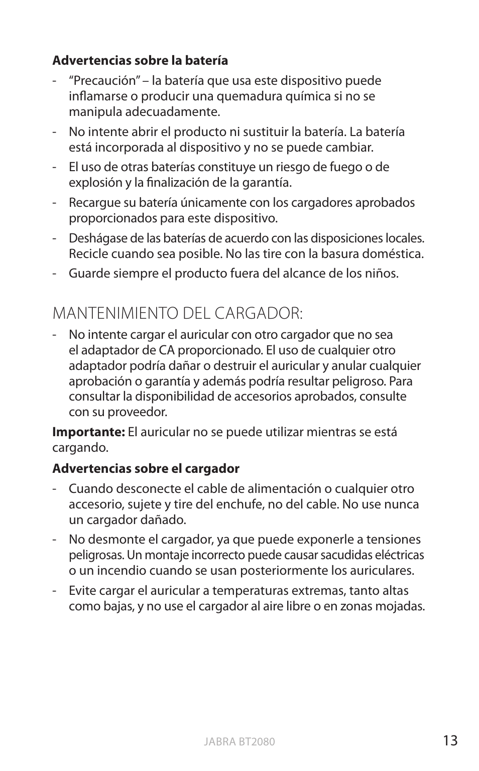 Mantenimiento del cargador, English | Jabra BT2080 User Manual | Page 250 / 495