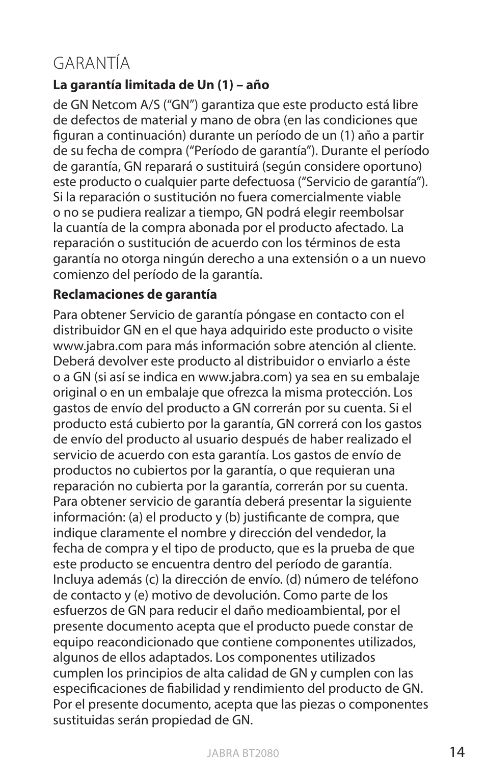 Garantía, English | Jabra BT2080 User Manual | Page 251 / 495