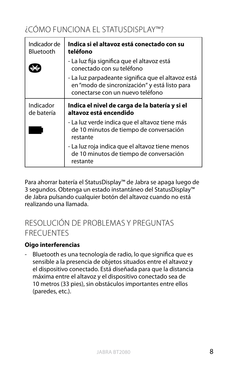 Cómo funciona el statusdisplay, Resolución de problemas y preguntas frecuentes, Inglés | Jabra BT2080 User Manual | Page 262 / 495