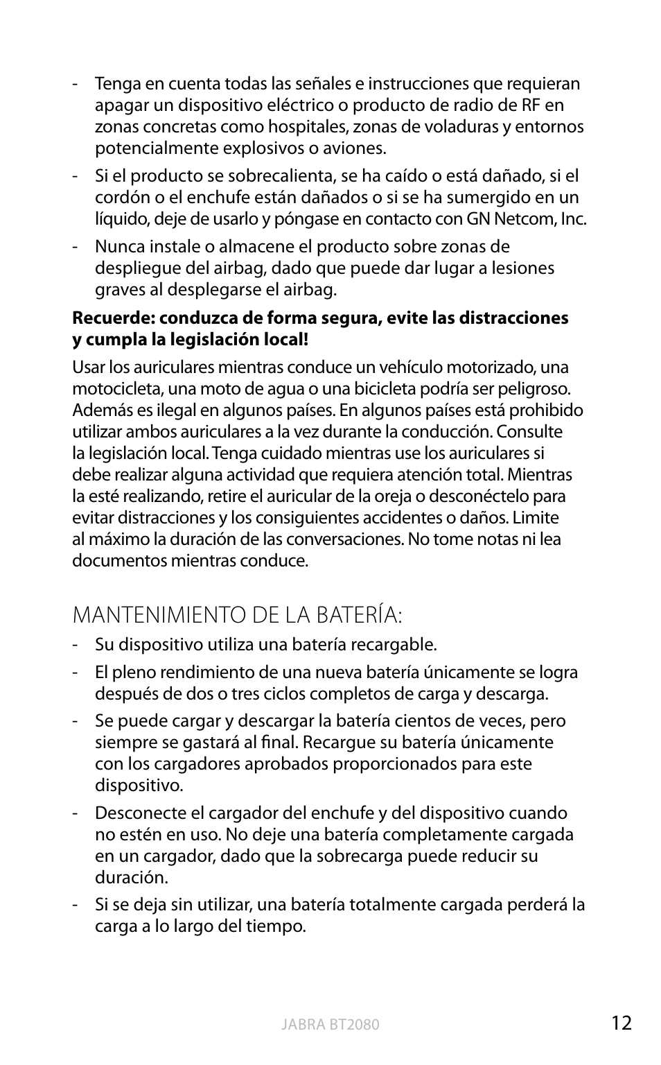 Mantenimiento de la batería, Inglés | Jabra BT2080 User Manual | Page 266 / 495