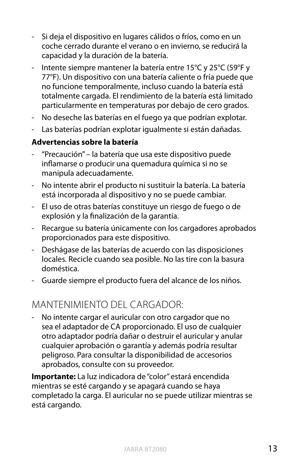 Mantenimiento del cargador, Inglés | Jabra BT2080 User Manual | Page 267 / 495