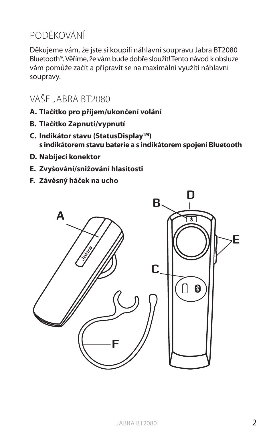 Poděkování, Vaše jabra bt2080, Anglick y | Jabra BT2080 User Manual | Page 274 / 495