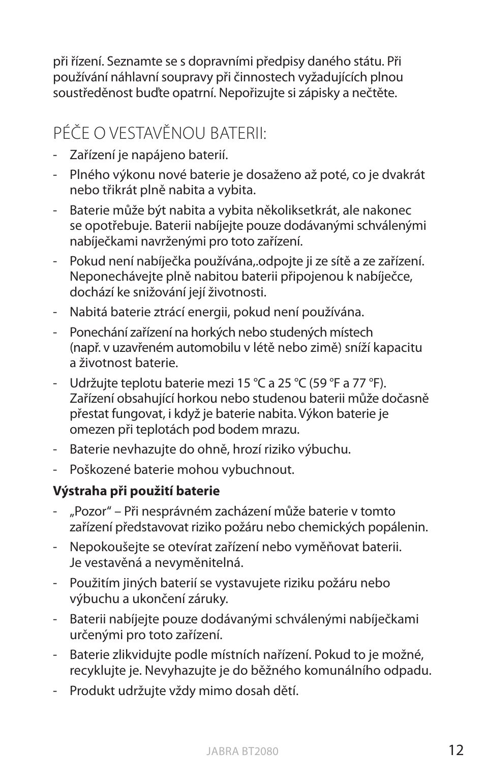 Péče o vestavěnou baterii, Anglick y | Jabra BT2080 User Manual | Page 284 / 495