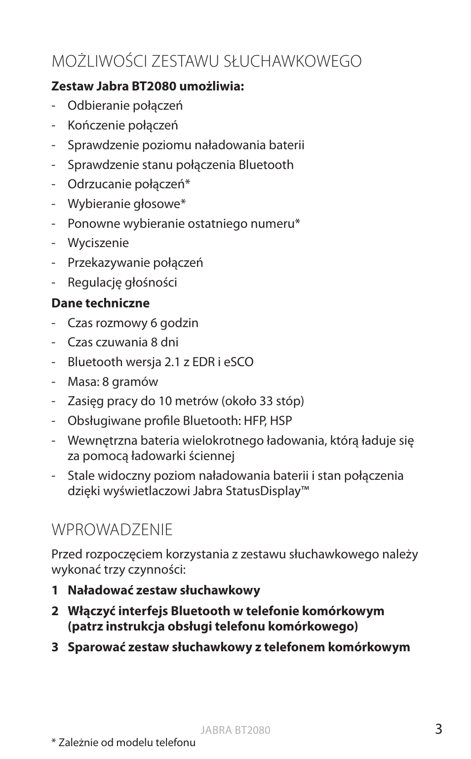 Możliwości zestawu słuchawkowego, Wprowadzenie, English | Jabra BT2080 User Manual | Page 291 / 495