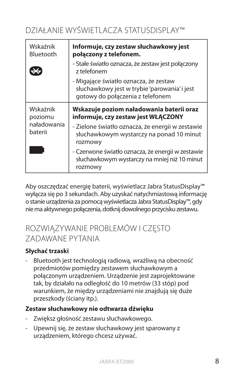 Działanie wyświetlacza statusdisplay, Rozwiązywanie problemów i często, Zadawane pytania | English, Rozwiązywanie problemów i często zadawane pytania | Jabra BT2080 User Manual | Page 296 / 495