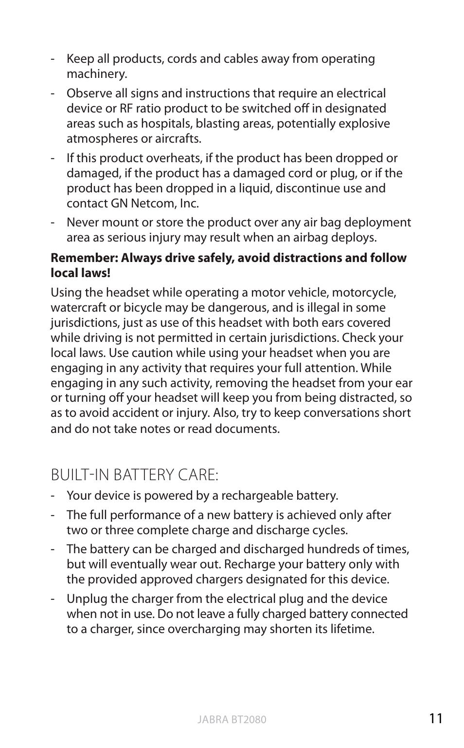 Built-in battery care, English | Jabra BT2080 User Manual | Page 30 / 495