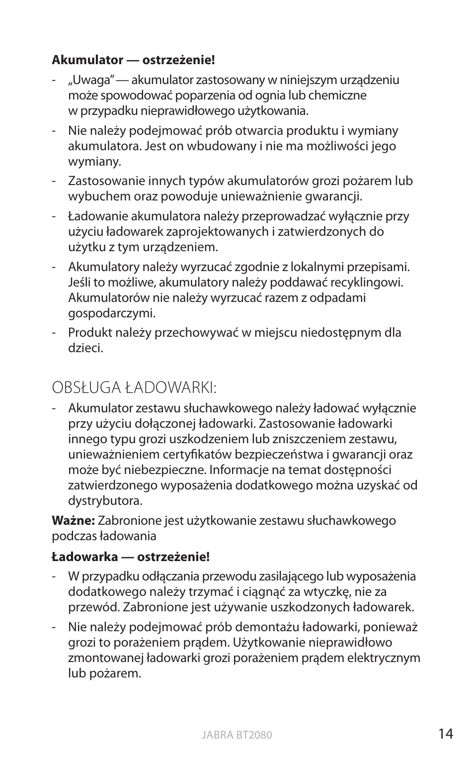 Obsługa ładowarki, English | Jabra BT2080 User Manual | Page 302 / 495