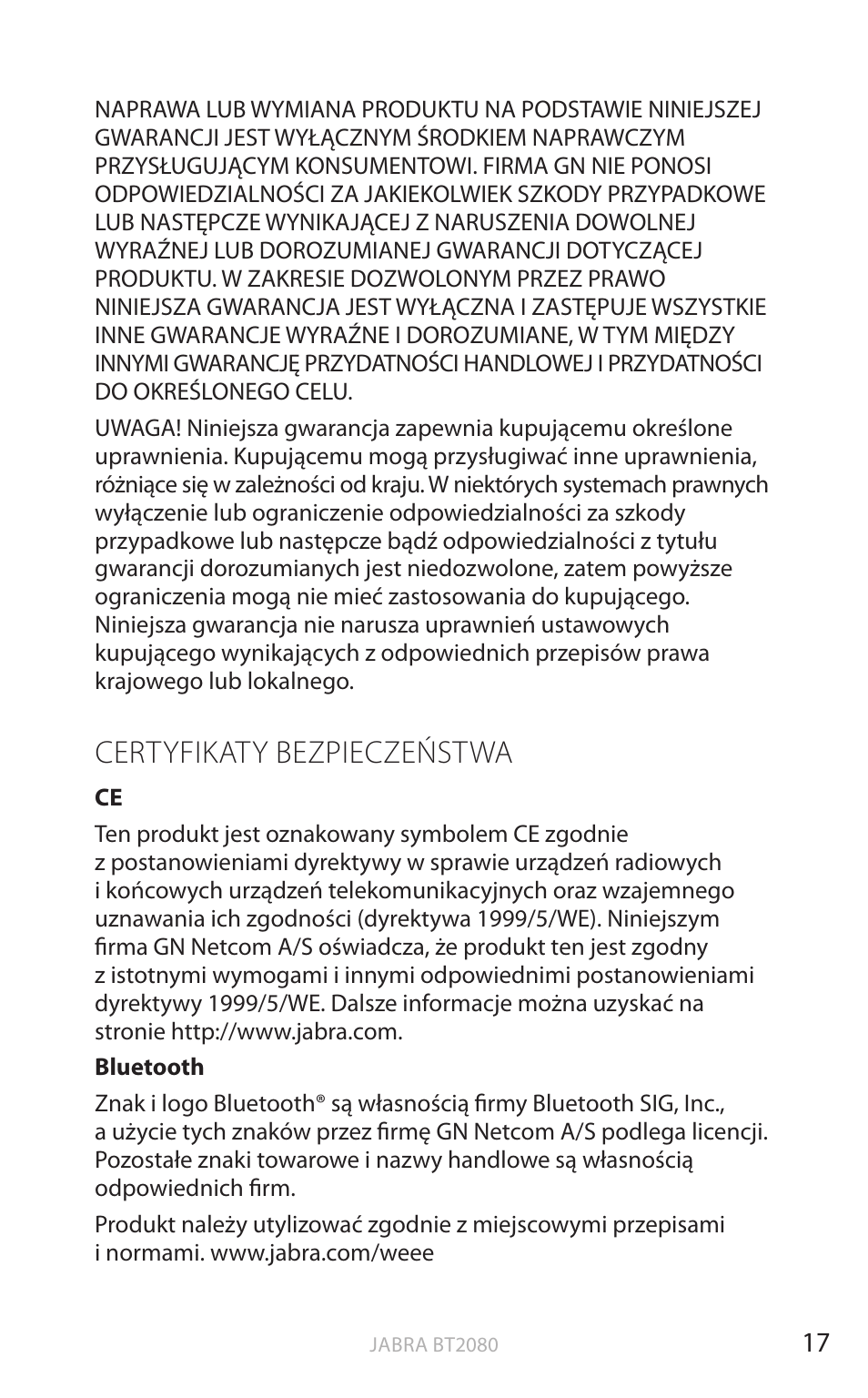 Certyfikaty bezpieczeństwa, English | Jabra BT2080 User Manual | Page 305 / 495