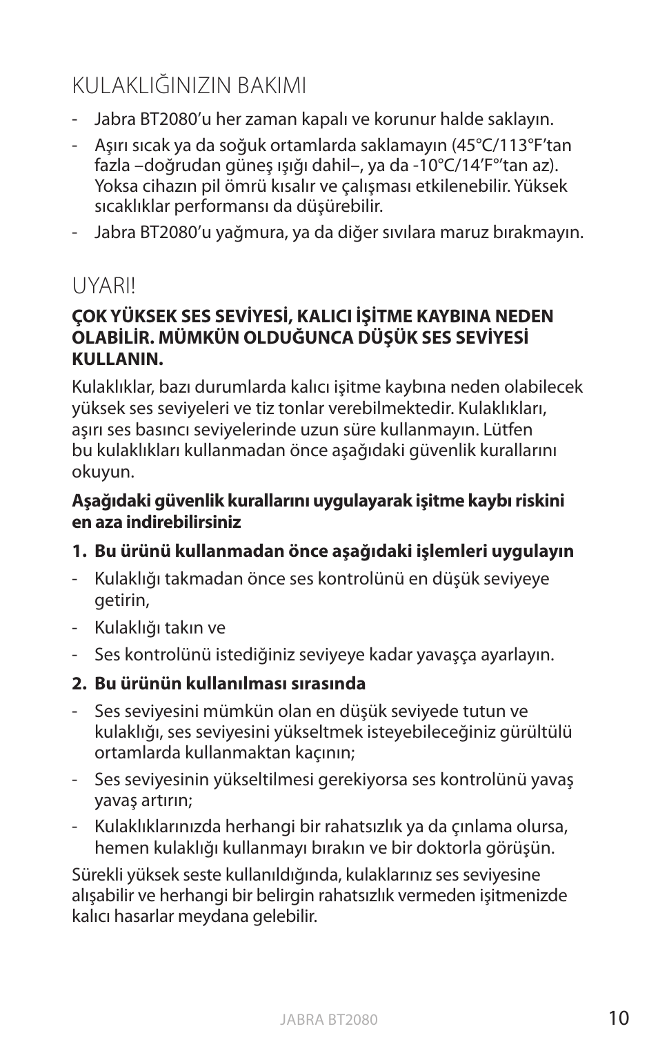 Kulakliğinizin bakimi, Uyari, English | Jabra BT2080 User Manual | Page 334 / 495